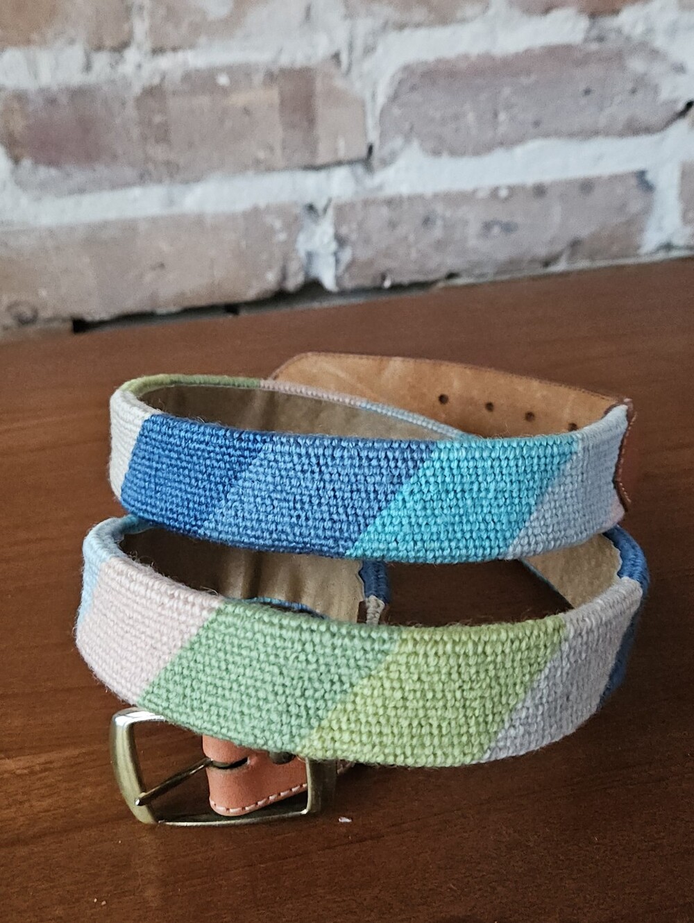 Handwoven Cotton Multi-color Diagonal Stripe Leather Belt